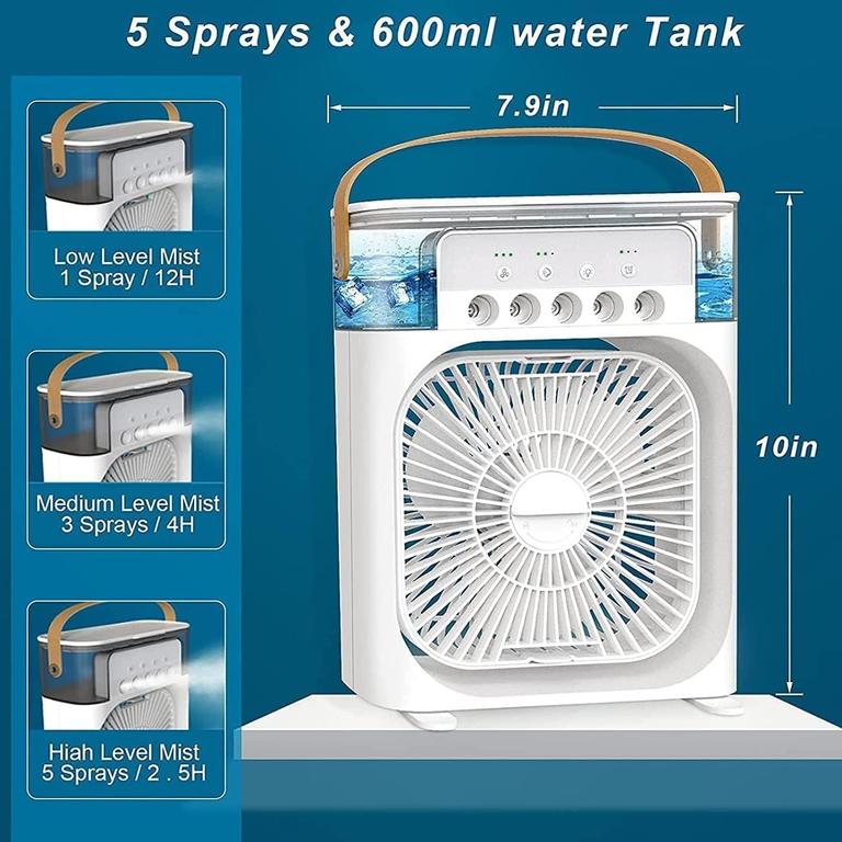 Portable Air Conditioner Fan,900ML Personal Air Conditioner with Ice Tray,5in1 Timming Evaporative Air Cooler,Cooling Fan with 7 Colors Light, 5 Sprays,3 Speeds,Ac Fan for Small Room,Office,Car,Camp